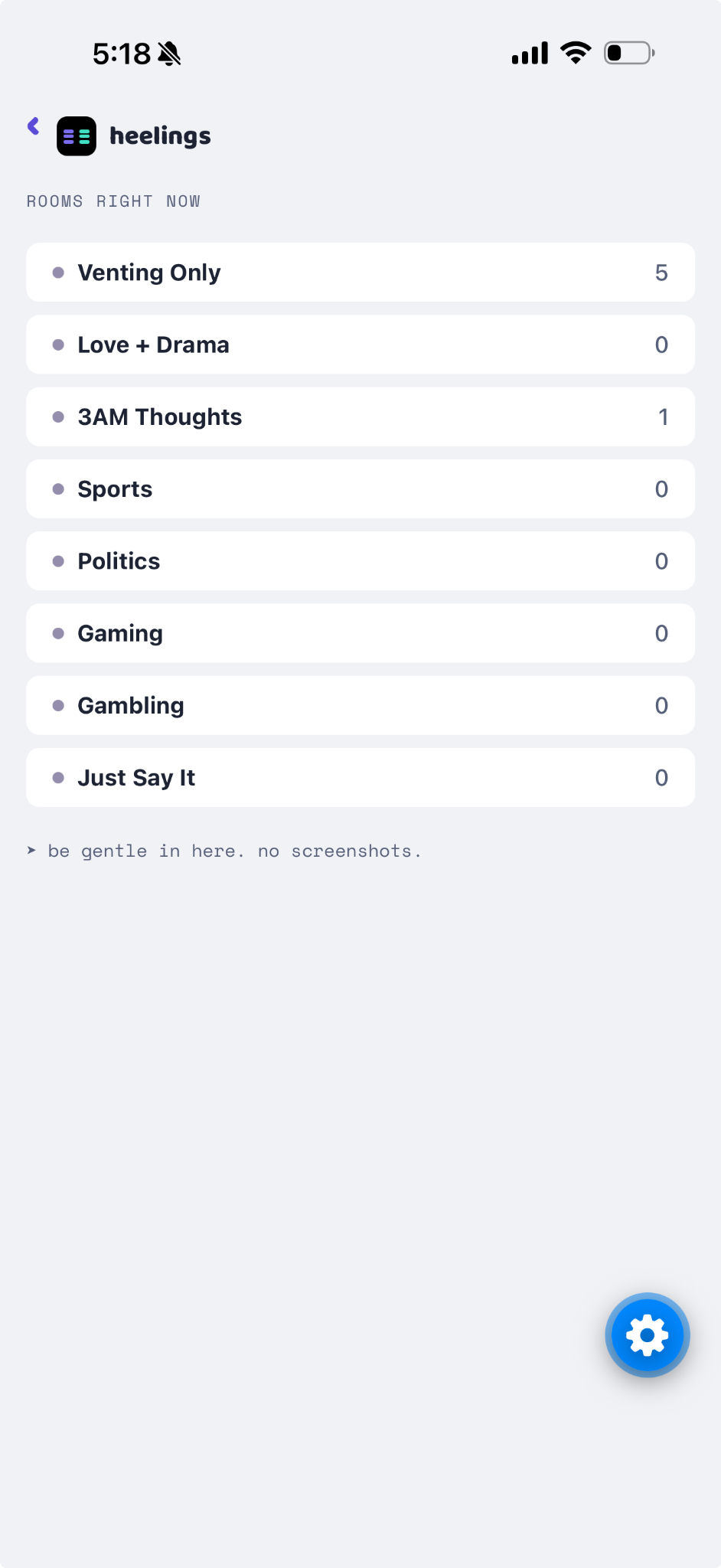 Heelings topic rooms including Venting Only, Love + Drama, 3AM Thoughts, Sports, Politics, Gaming, Gambling and Just Say It
